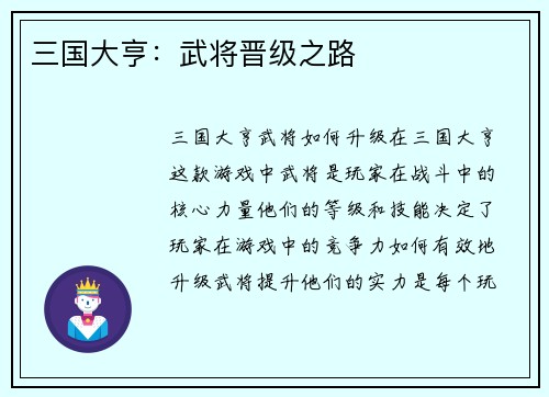 三国大亨：武将晋级之路